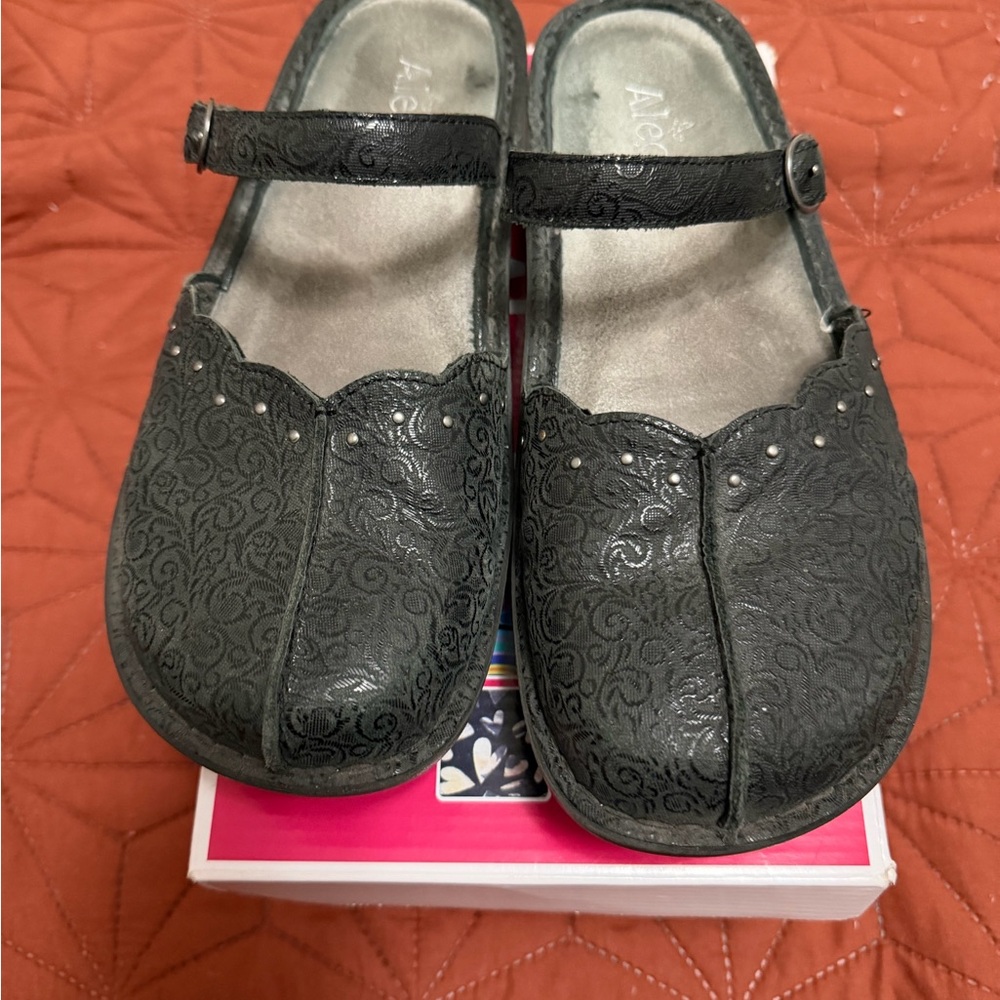 Alegria Black Mary Jane Shoes with Embossed Floral Pattern